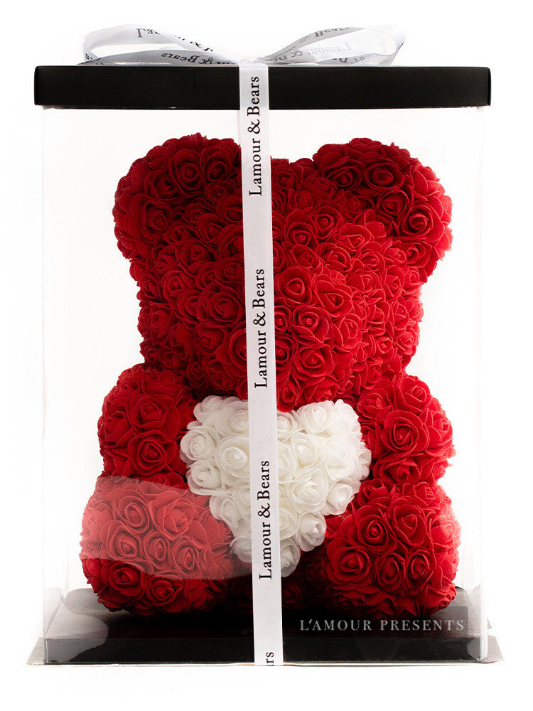 Oso de rosas rojo con corazón blanco 40 cm