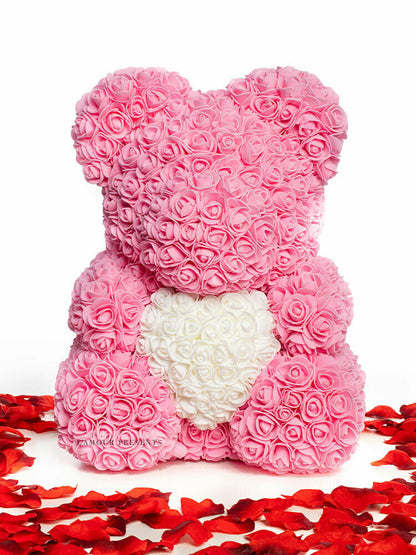 Oso de rosas rosa con corazón blanco 40 cm