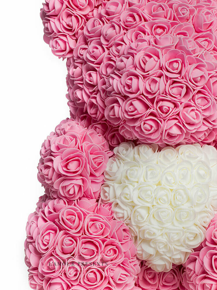 Oso de rosas rosa con corazón blanco 40 cm