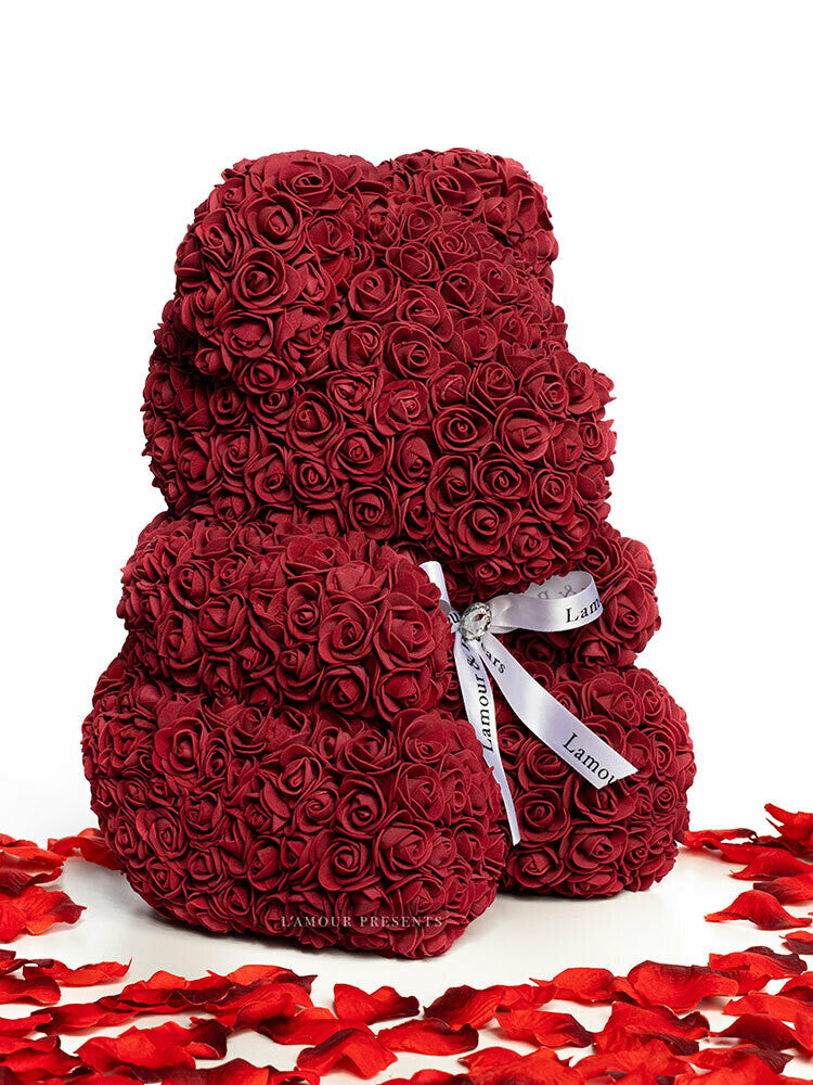 Oso de rosas borgoña con cinta 40 cm